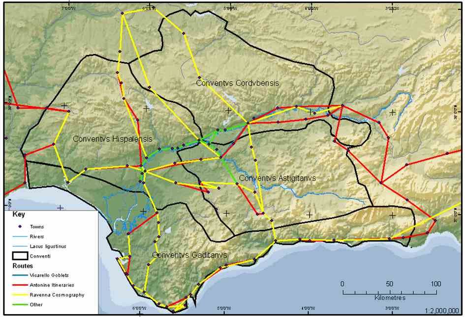 Autogenerated map of known Roman itineraries through Baetica (Andalucia, Spain)